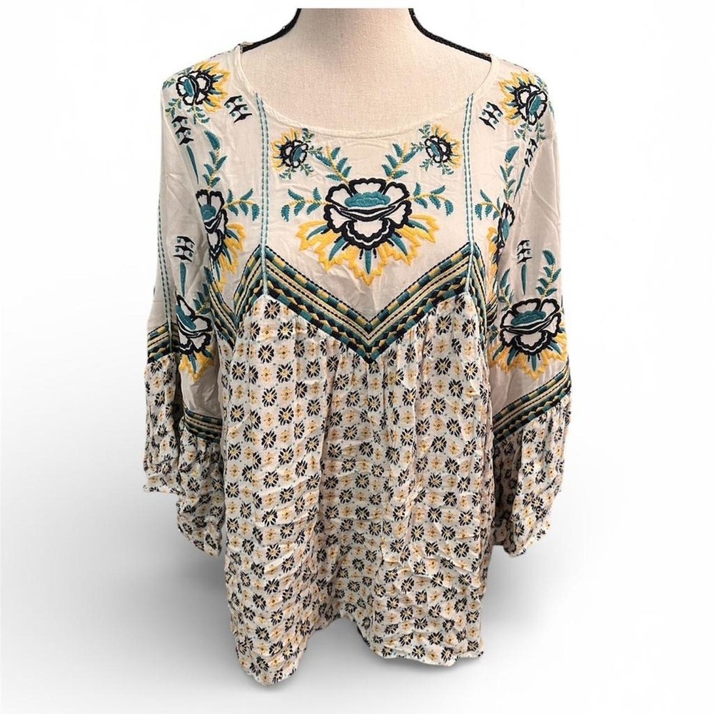 Skies are Blue Boho Embroidered Peasant Blouse Bell Sleeves Women's Medium Boho